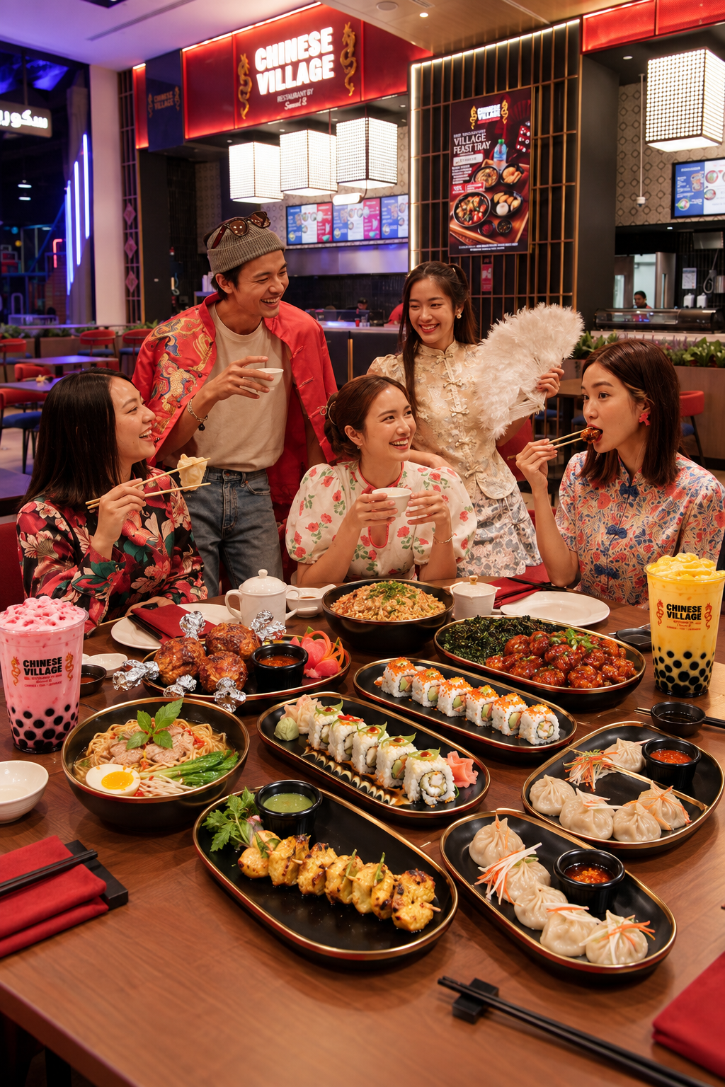 Friends celebrating around a generous Chinese Village feast