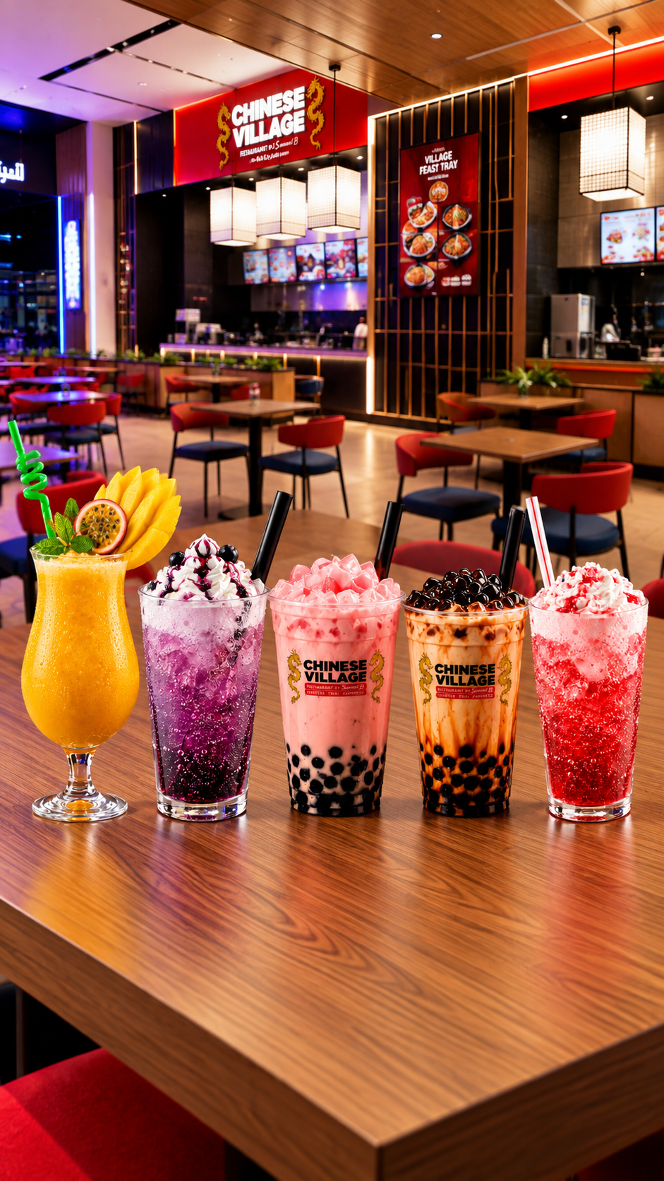 Colourful smoothies, fruit coolers and boba drinks served inside Chinese Village restaurant