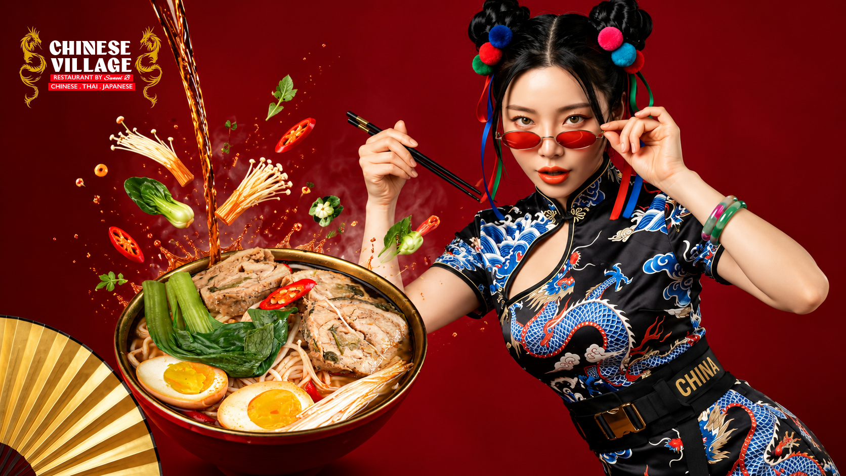 Chinese Village noodle campaign with a model