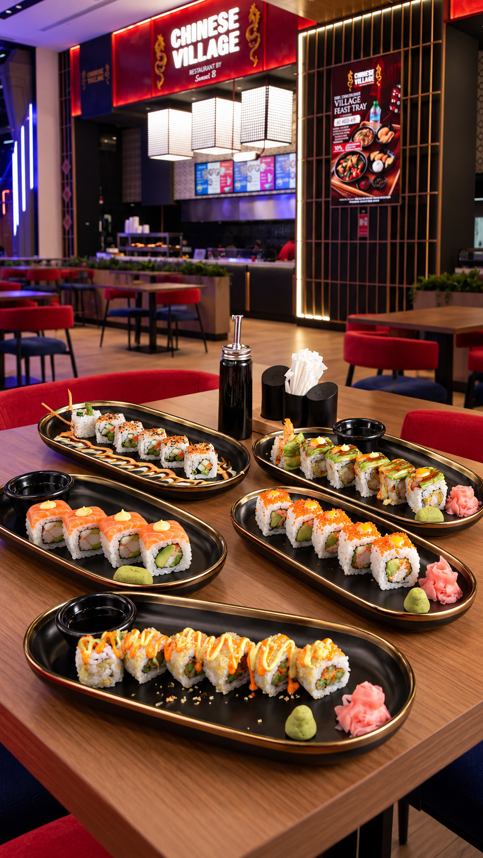 Assorted sushi rolls served inside the restaurant