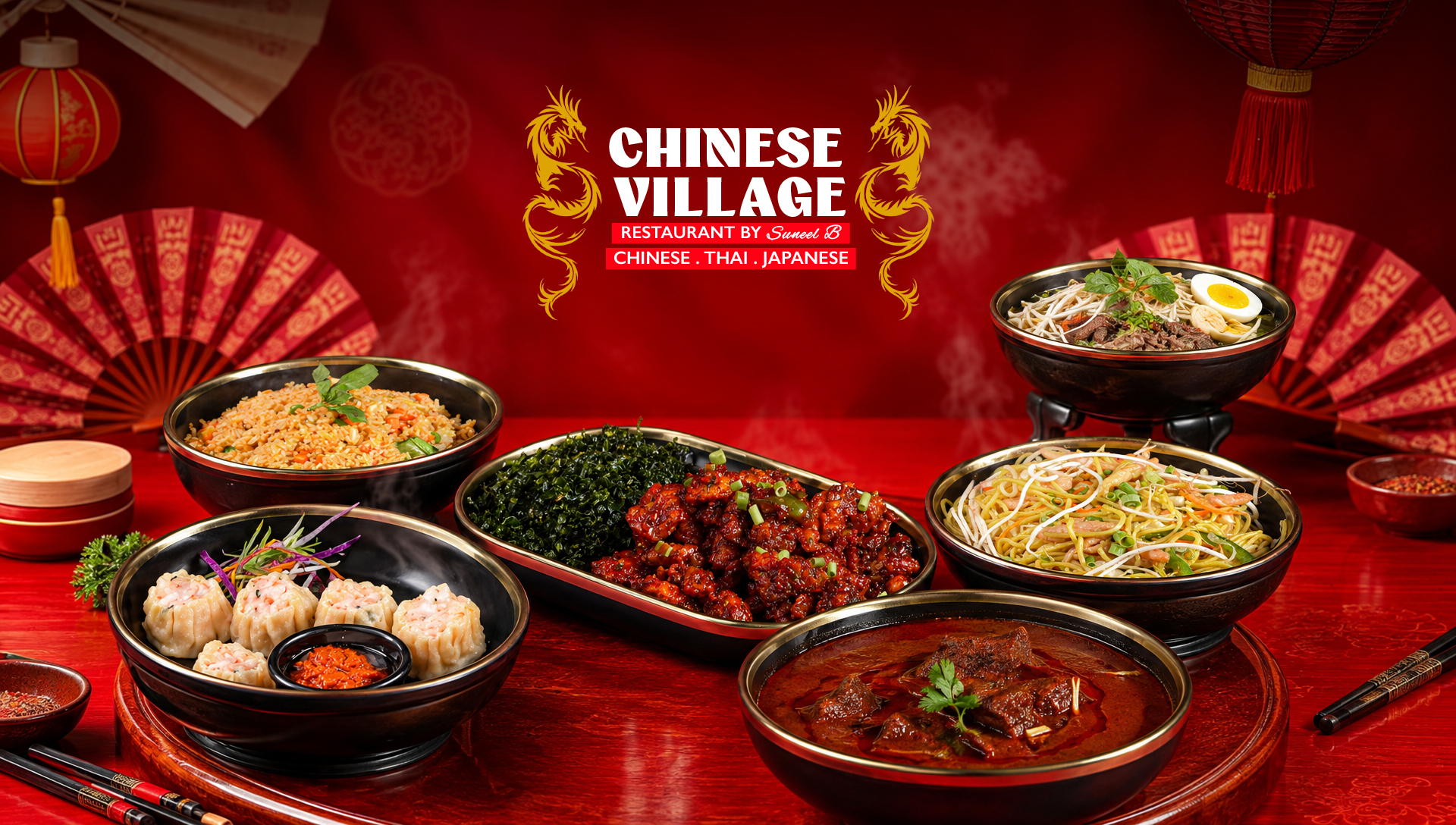 Chinese Village feast with dim sum, noodles, fried rice and curries