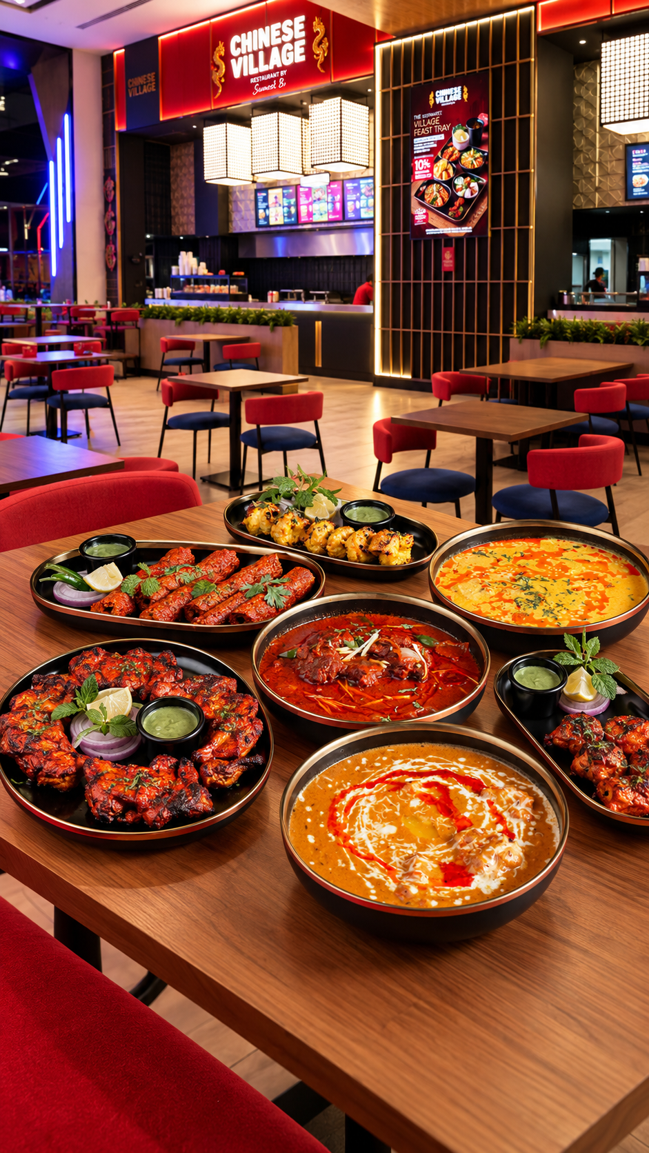 Indian curries and tandoori dishes served inside Chinese Village restaurant